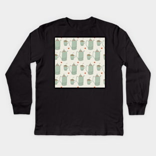 Pattern with ceramic kitchen utensils and hot drink Kids Long Sleeve T-Shirt